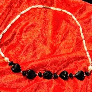 Vintage All Glass - Black & Faux Pearl Beaded Heart Necklace